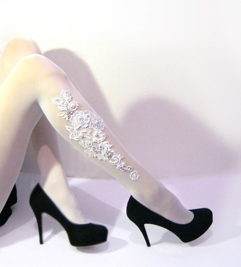 Bridal floral lace and Pearls TATTOO Tights - Pantyhose- colour Matt Ivory- Emma Jewel
