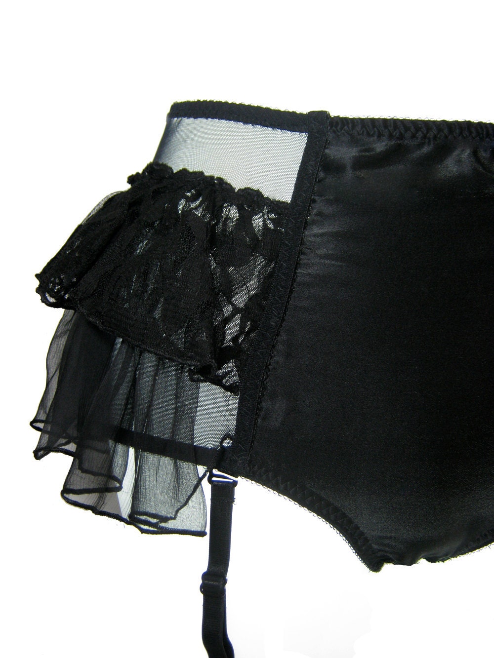 Free shipping, Colette Midnight Black Ruffled lace & silk corset Suspender high brief