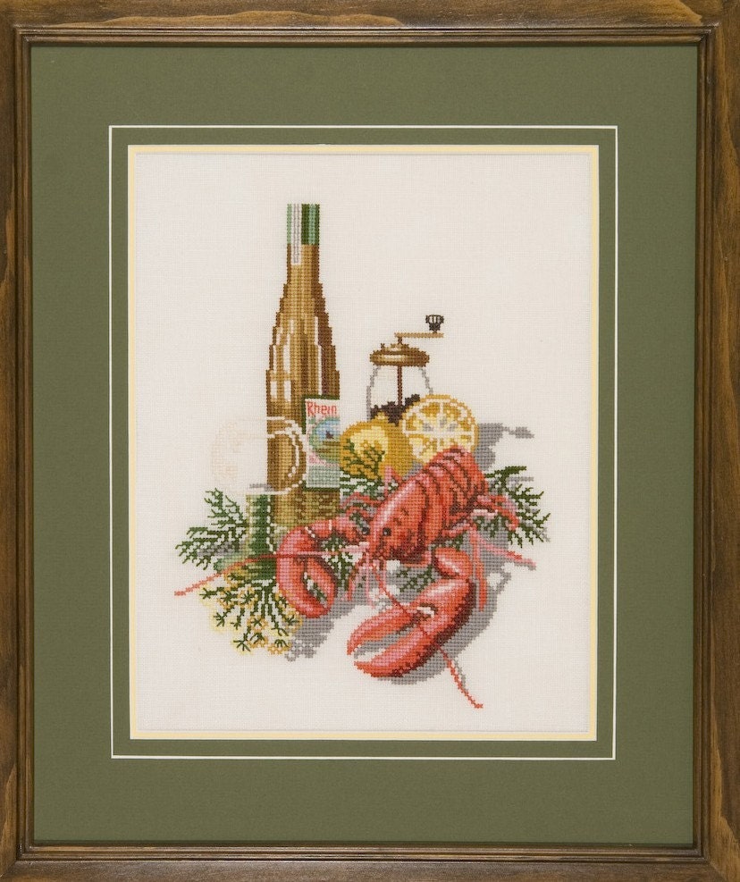 Lobster  Wine  Lemons - Framed Hand Stitched Picture
