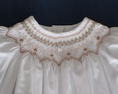 Baptism Smocked Dress - Handmade Baby Girl Dress in White with Beige Pink Smocking - Baby Shower Gift