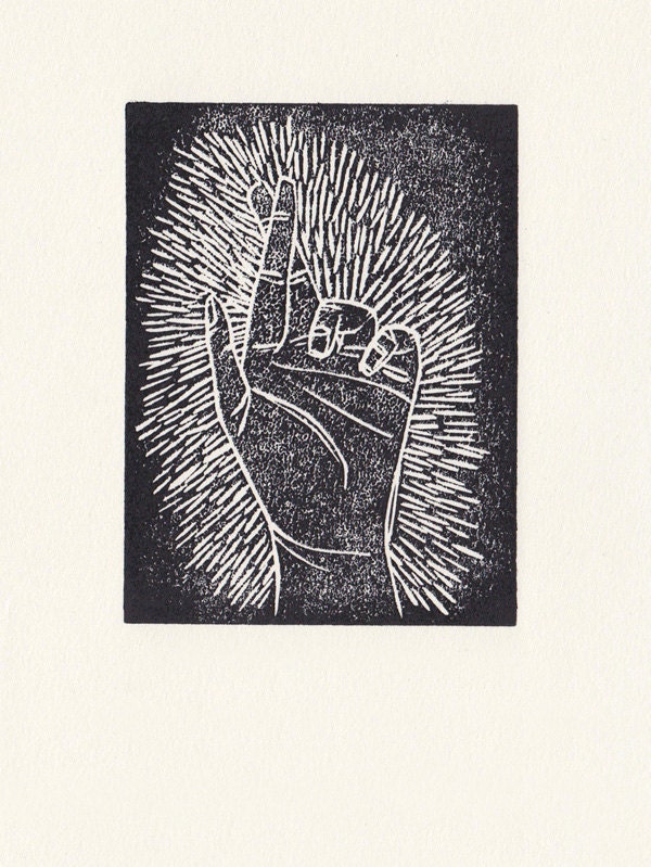 Fingers crossed lino print