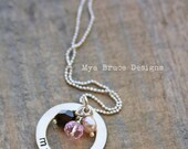 personalized silver washer necklace with crystal and pearl drops