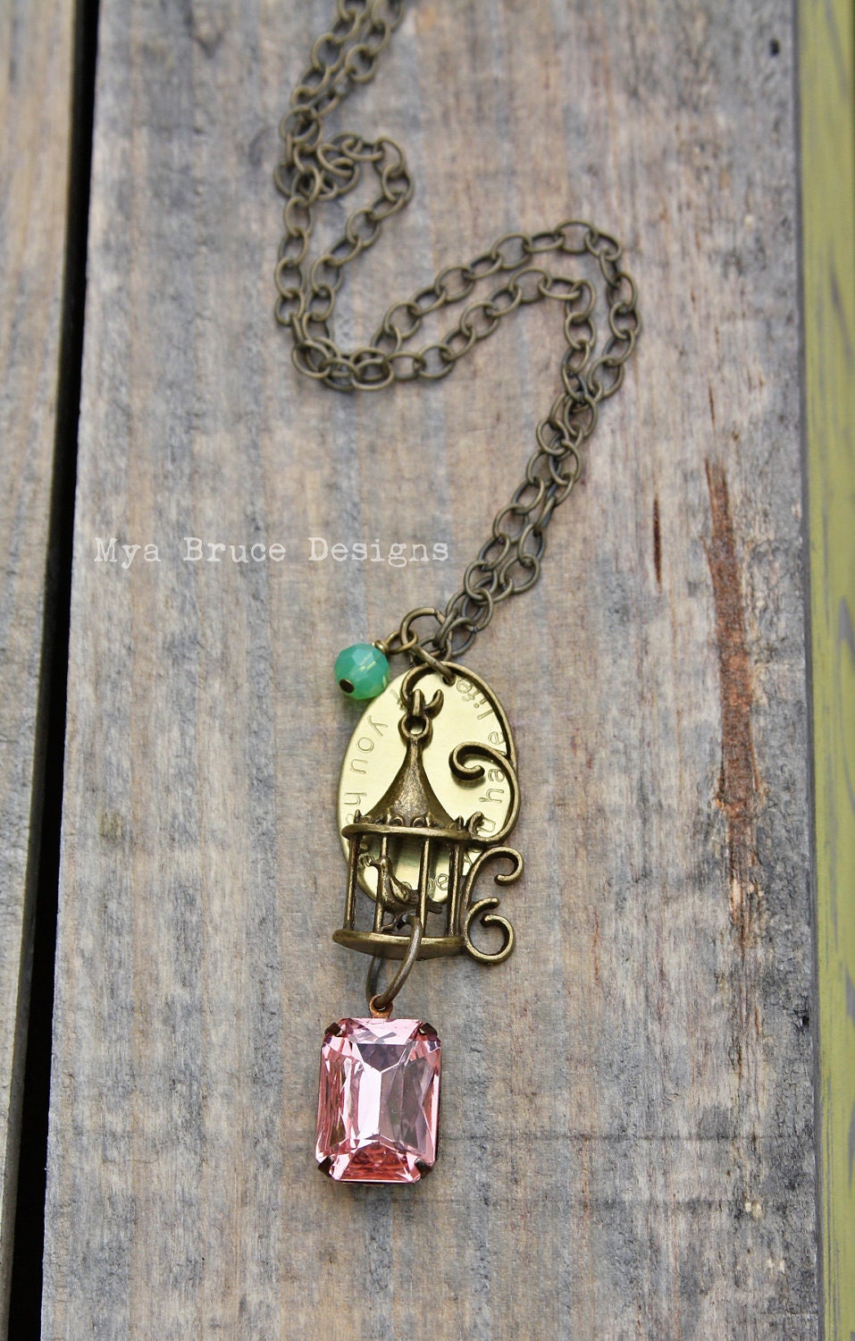 Vintage styled necklace with bird pendant, large vintage pink gem, small amazonite drop, oval says- if you have hope you have life