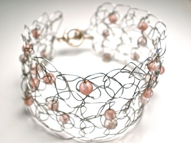 Stainless Steel Wire Crochet Cuff With Cherry Quartz