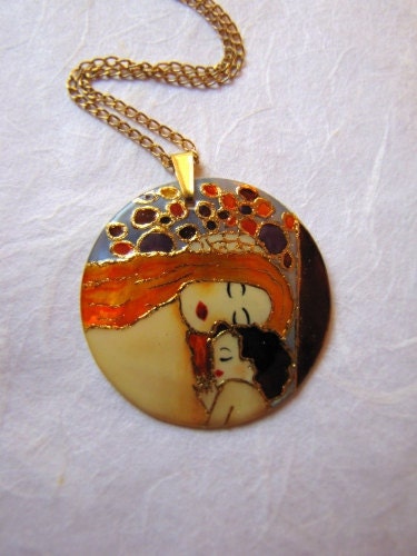 Personalized Mom Necklace, Handpainted Klimt Mother and Son Necklace, Mother and Daughter, gift for mom, italian jewelry