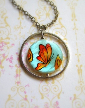 Butterfly necklace painted on mother of pearl, handpainted jewelry, artisan jewelry, panted by hand necklace, red yellow blue