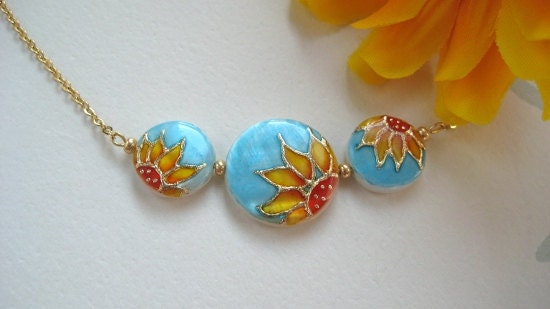 Sunflower Necklace handpainted, turquoise jewelry, nature inspired jewelry, teal jewelry, rustic wedding jewelry, flower jewelry