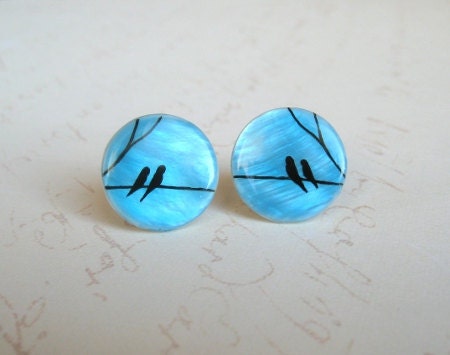Blue Birds on wire earrings studs - nature inspired jewelry - tiny earrings studs- spring jewelry, post earrings