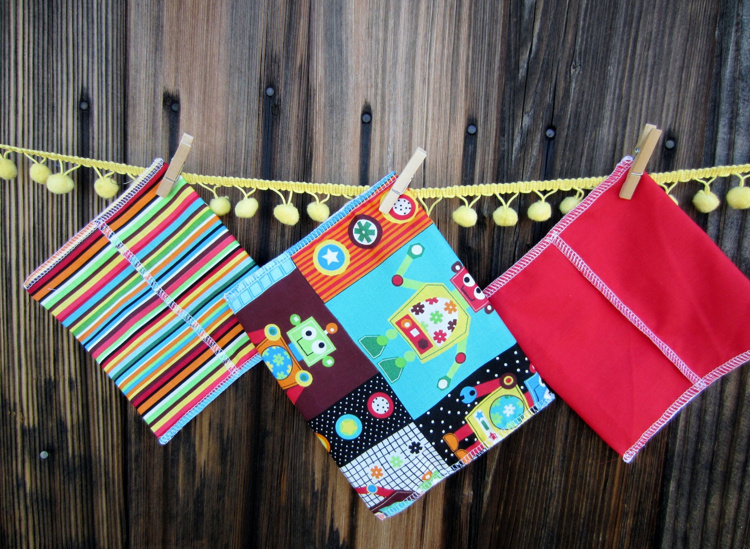SALE 3 bags - Reusable Ecofriendly Sandwich Bag  and 2 Snack Bags - Robots and Primary Strip
