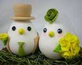 Custom Love Birds Wedding Cake Topper with Sweet Nest - the Bride Hold a Yellow Rose Bouquet(Choice of Color)