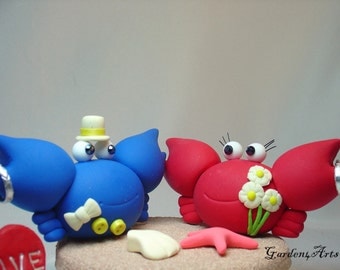 Wedding Cake Topper - Custom Crab Love HAND HOLDING HAND with Sand Base for Summer Beach Wedding