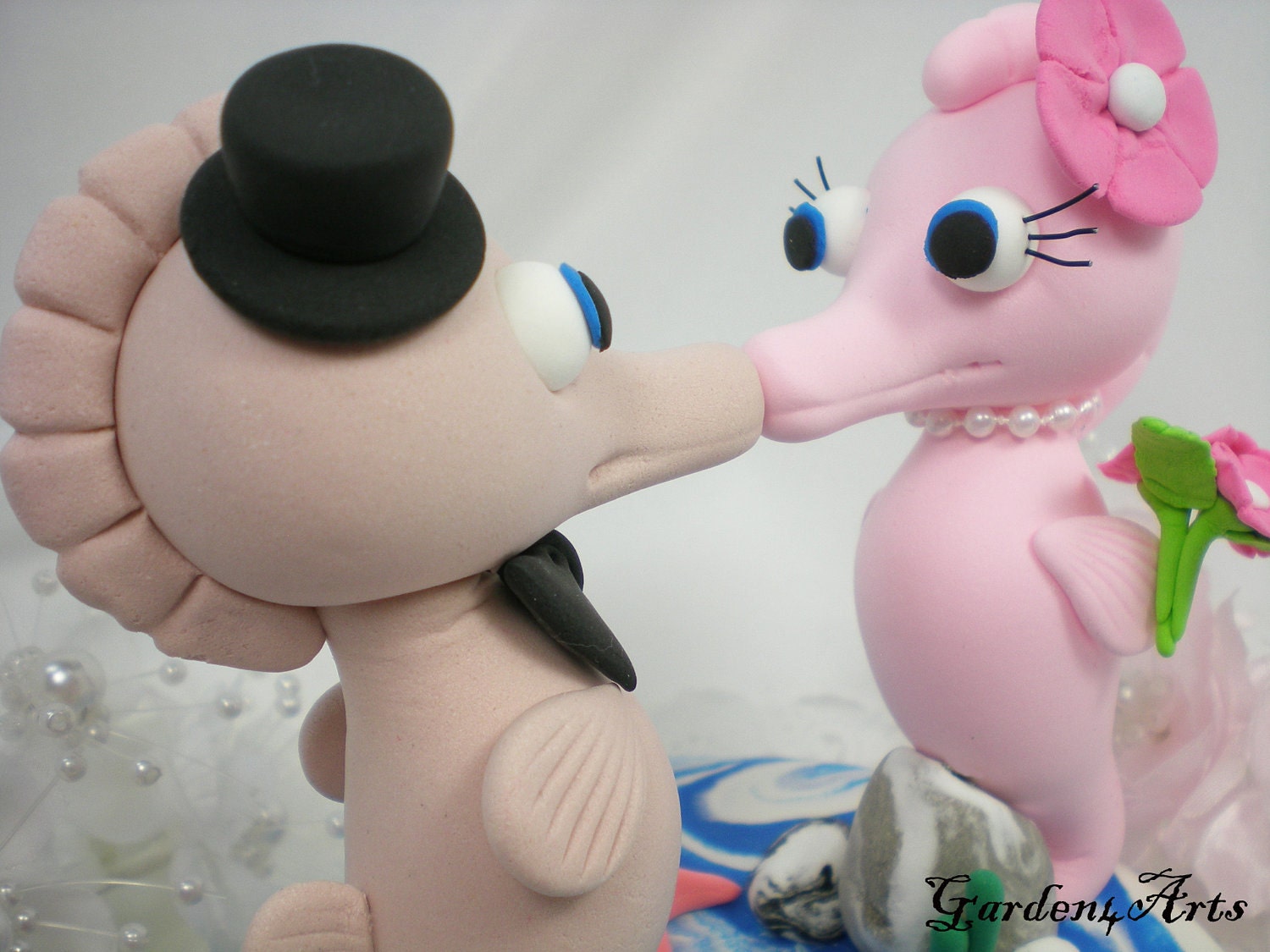 Custom Seahorse Love Wedding Cake Topper with Sweet Kiss and Ocean base-for Summer Beach Wedding--NEW
