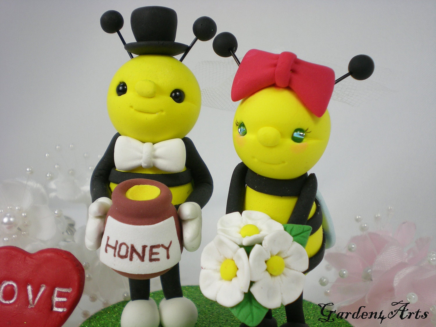 Honey Bee Love Wedding Cake Topper with a Honey Jar and Sparkly Wooden Stand