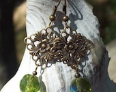 Luscious Lime Earrings - lime green faceted czech glass, antique brass filigree SALE