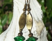 Extra-terrestial Earrings - antique brass wavy metal - kelly green glass SALE