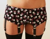 Vintage Style Black Garter Belt w/ White Skulls and Pink Crossbones