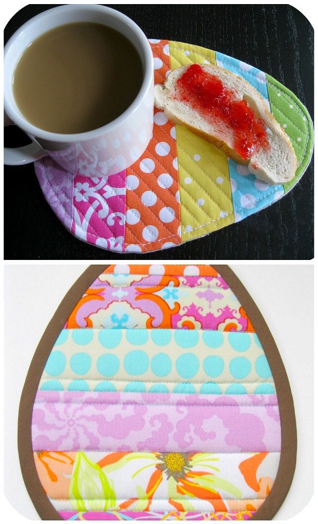 Stripey Egg Mug Rug And Potholder Tutorial and Sewing Pattern in PDF Format.