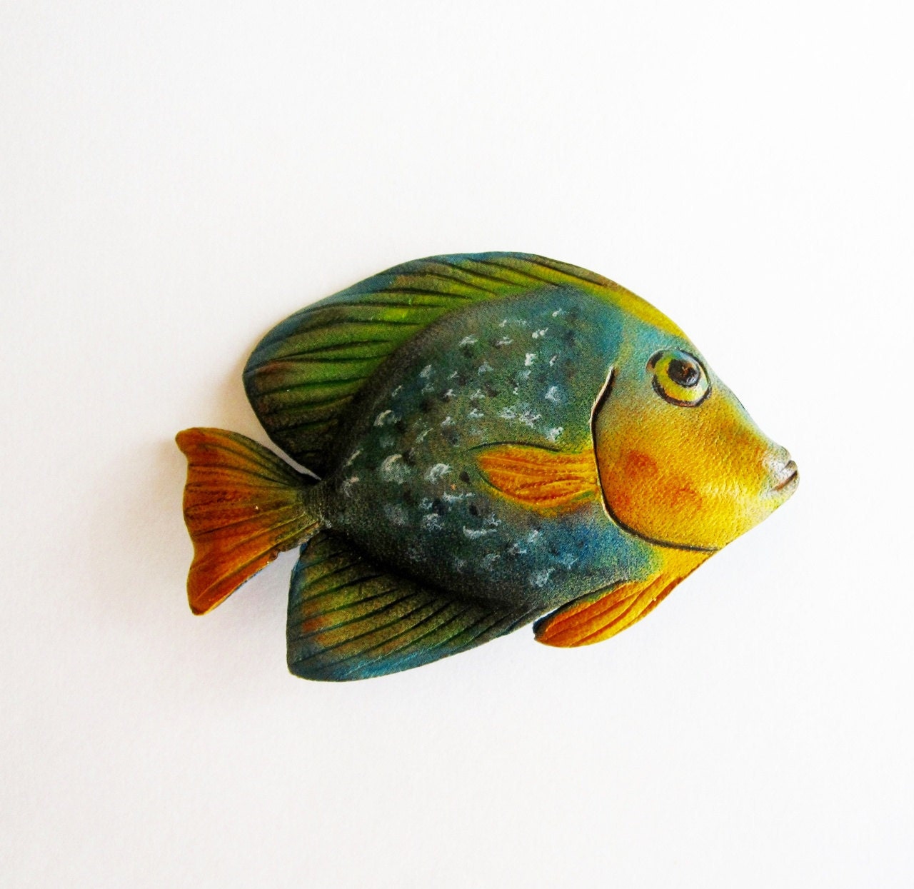 Leather Fish Brooch in Blue Green and Yellow Vintage - Latrouvaille