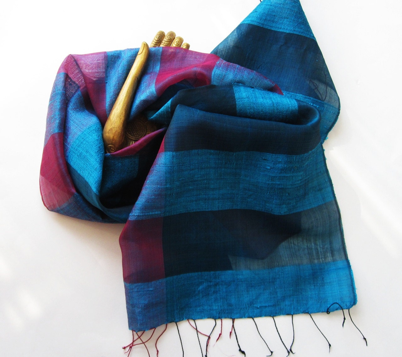 Silk Scarf- Two Tone Plum and Turquoise - Oblong Vintage