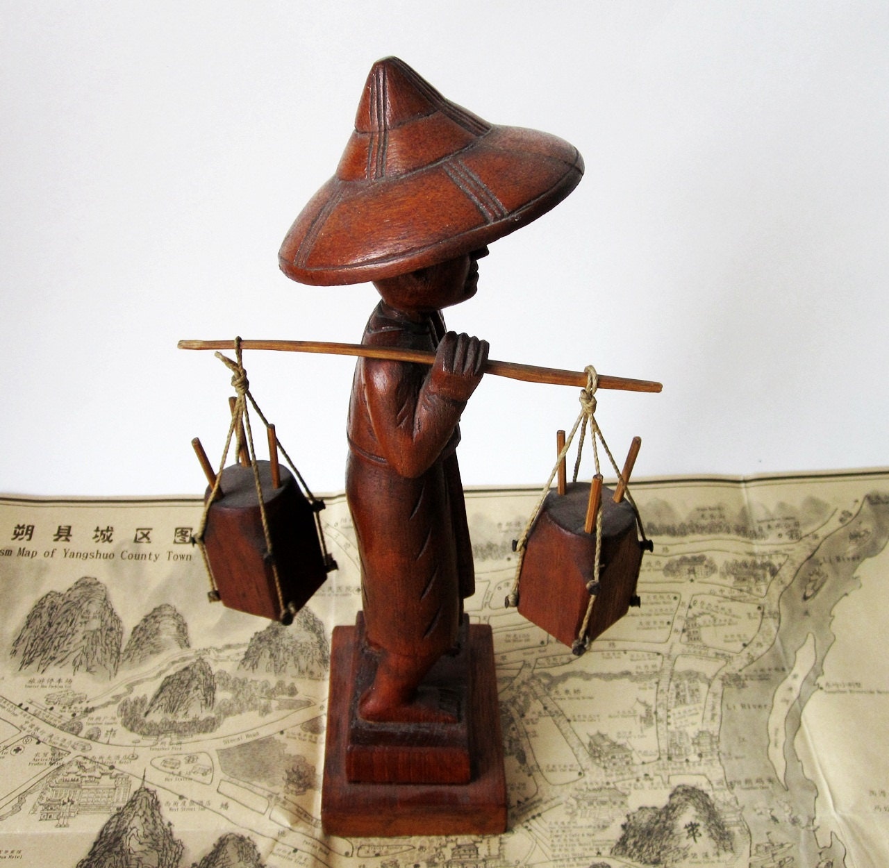 Carved Wooden Figure - Vintage Asian Man with Buckets
