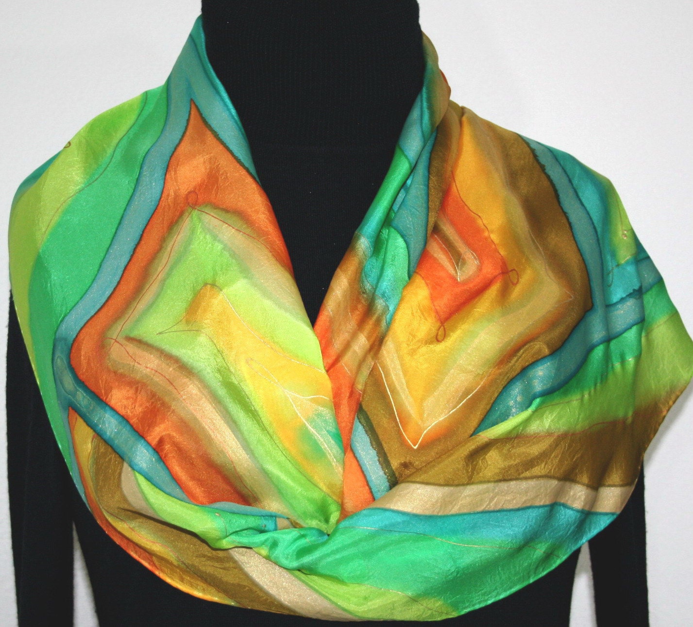 Hand Painted Silk Scarf Spring Sunshine. Silk Scarf in Green, Orange and Yellow. Size 11x60. Made in Colorado. 100% silk. MADE TO ORDER.