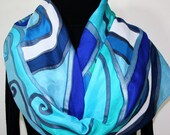 Hand Painted Silk Scarf Neptune Dancing. Silk Wrap in Blue and Turquoise. LARGE SIZE 21x70. Made in Colorado. 100% silk. Made to order.