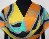 Hand Painted Silk Scarf New Beginning. Silk Scarf in Orange, Teal and Black. Size 11x60. Made in Colorado. 100% silk. MADE TO ORDER.