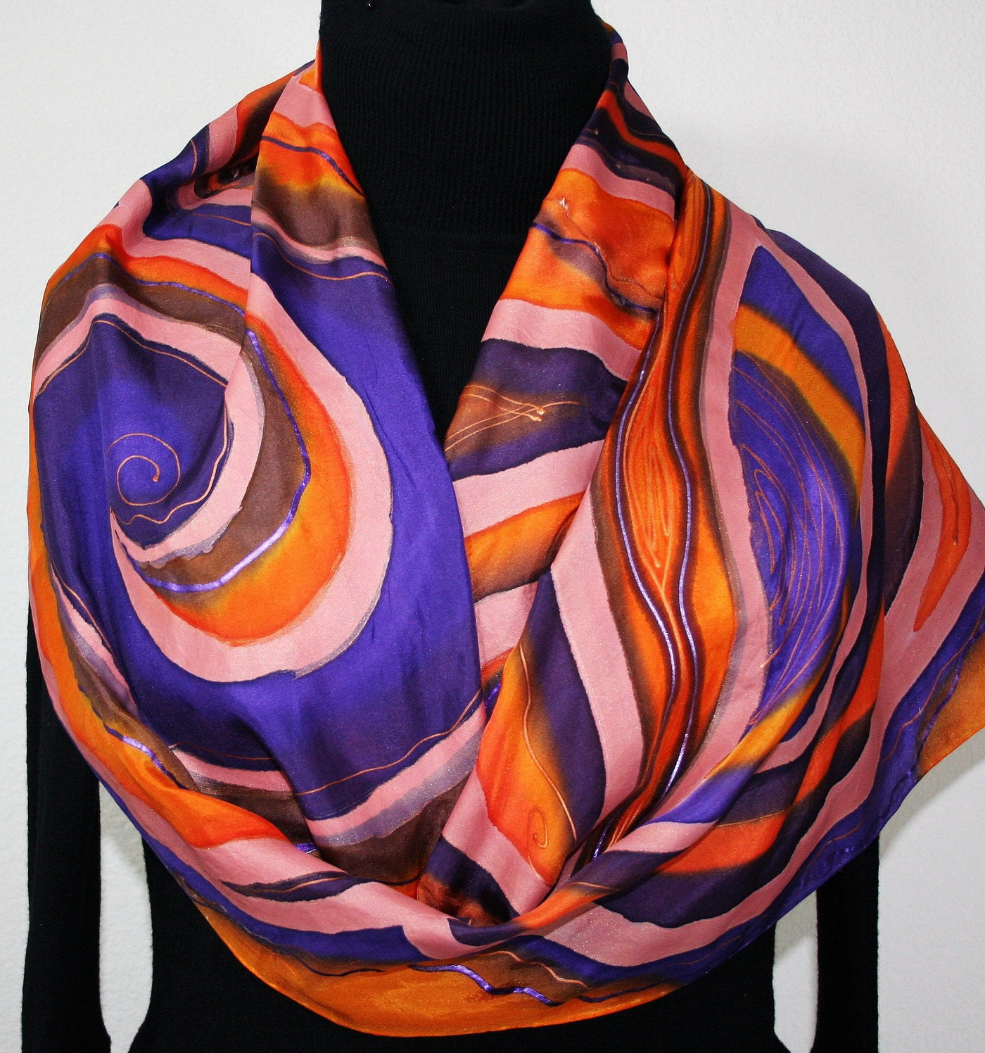 Hand Painted Silk Scarf Sunset Reef. Silk Scarf in Orange and Purple. Size LARGE 14x70. Made in Colorado. 100% silk. Made to order.