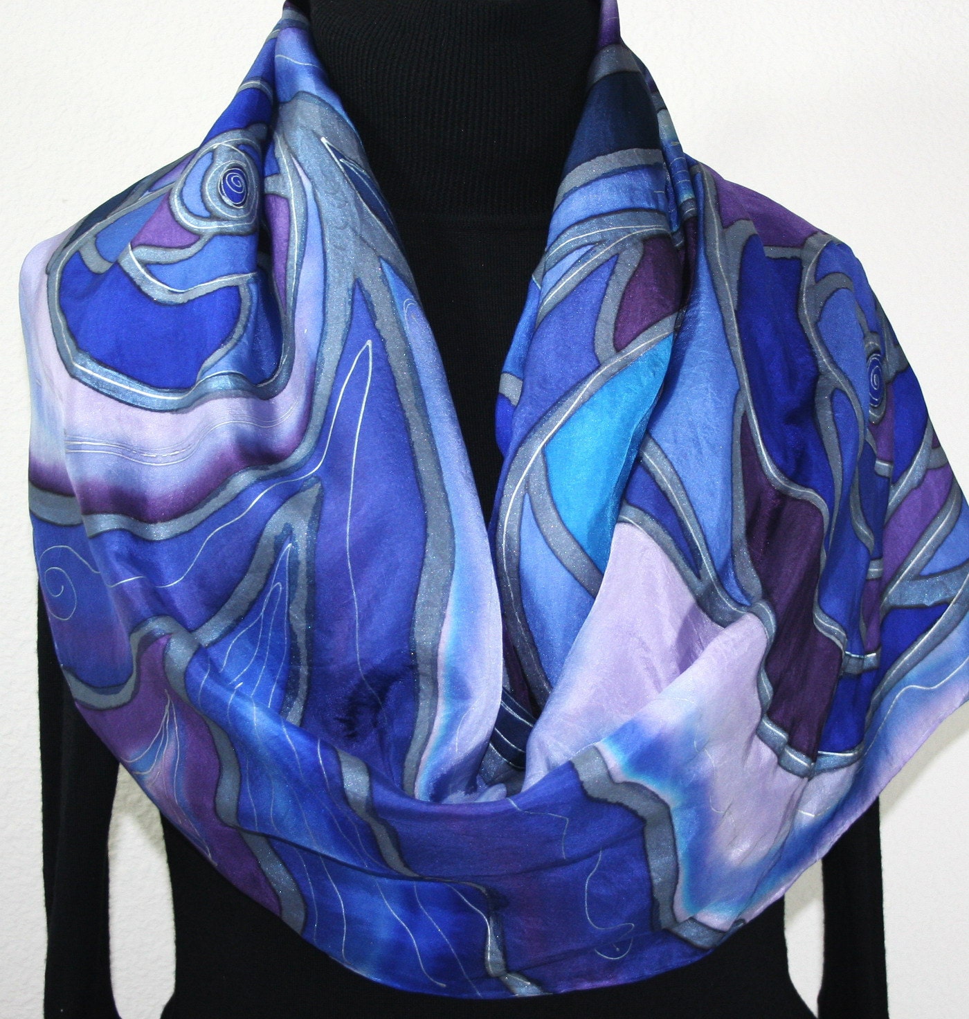 Hand Painted Silk Scarf Sea Lover. Scarf in Blue and Purple. Size Extra-LARGE 21x70. Made in Colorado. 100% silk. MADE to ORDER.