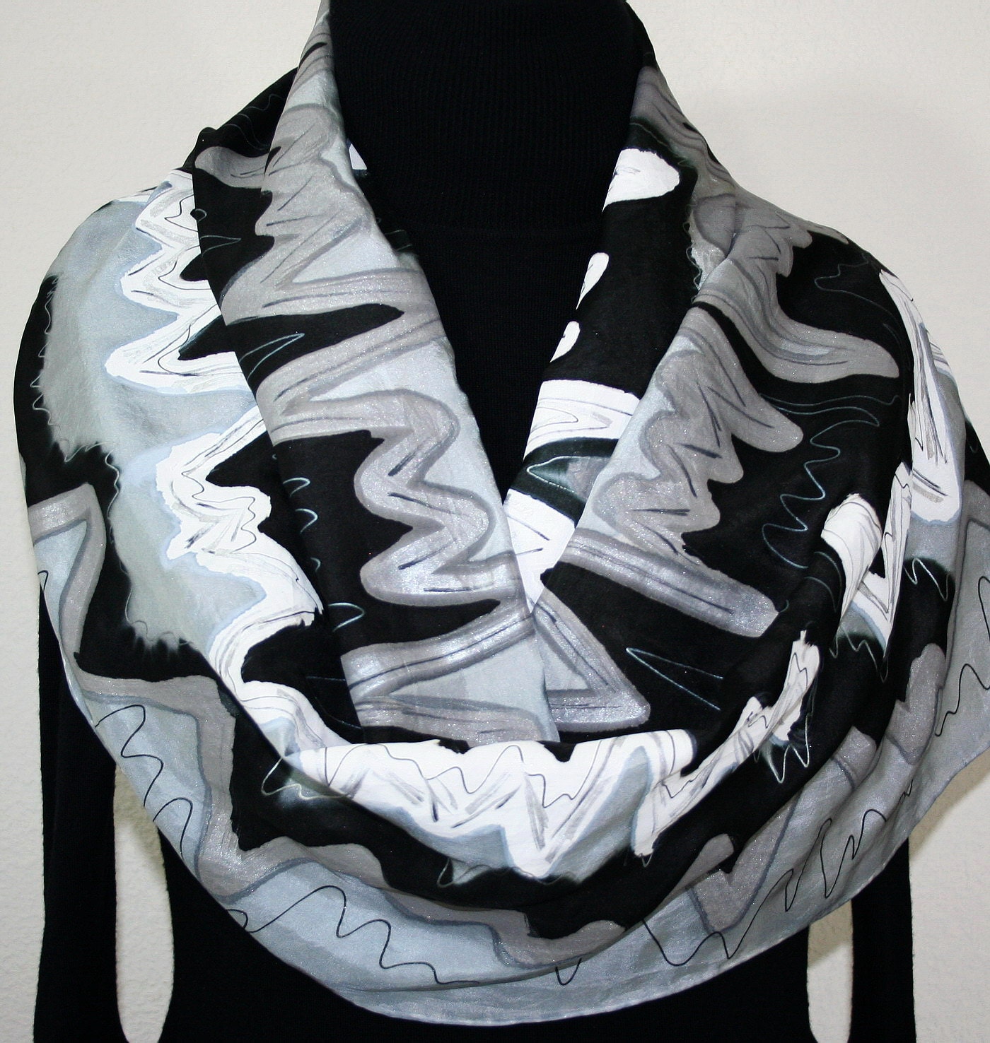 Hand Painted Silk Scarf City Rhythm. Silk Scarf in Black, White and Silver Gray. Size 14x70. Made in Colorado. 100% silk. Made to order. - SilkScarvesColorado