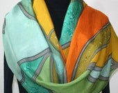 Hand Painted Silk Scarf Forest Streams. Silk Scarf in Green, Terracotta. Large Size wrap 21x70. Made in Colorado. 100% silk. MADE TO ORDER.