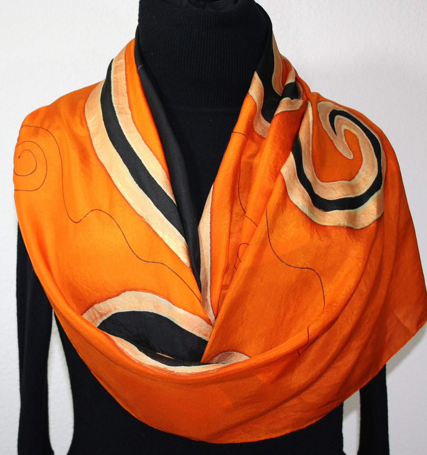 Hand Painted Silk Scarf Copper Waves. Silk Wrap in Black and Copper. LARGE SIZE 22x70. Made in Colorado. 100% silk. Made to order.