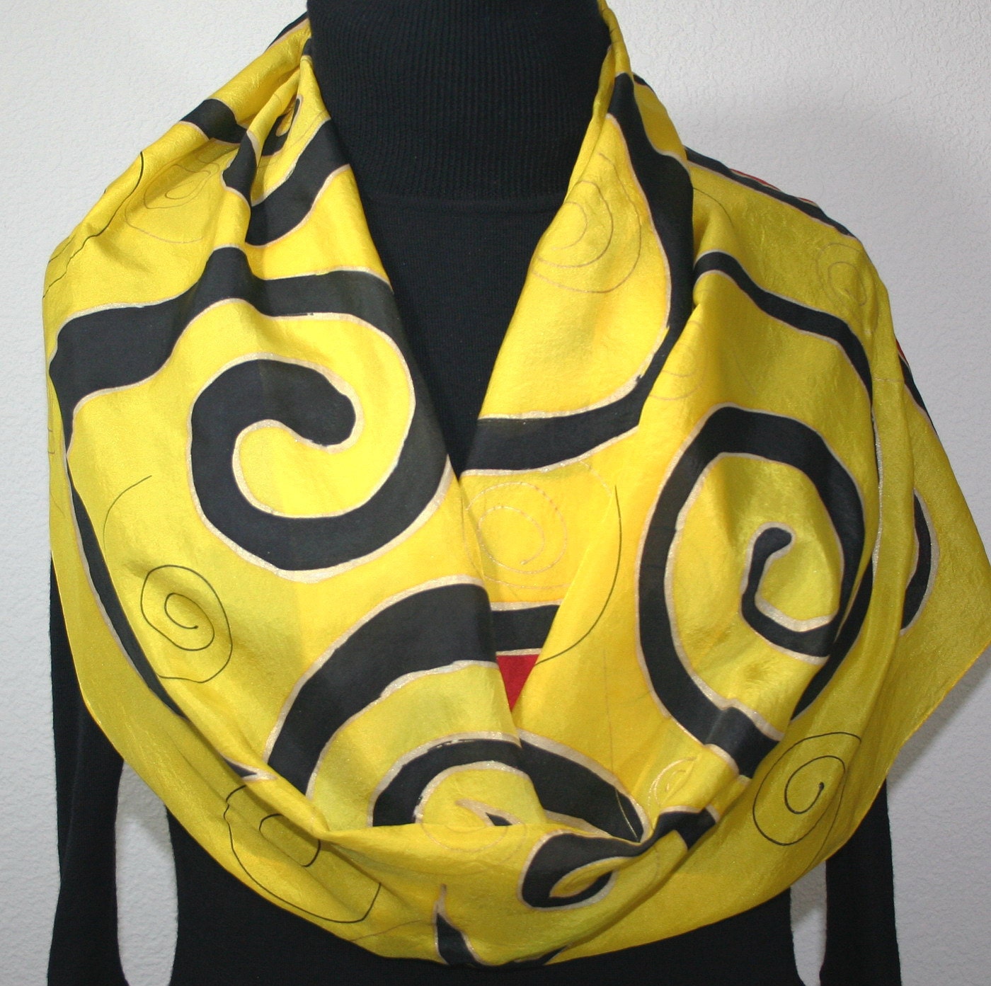 Yellow Hand Painted Silk Scarf Spiral Maze. Silk Scarf in Yellow, Black and Red. Size 14x70. Made in Colorado. 100% silk. MADE TO ORDER