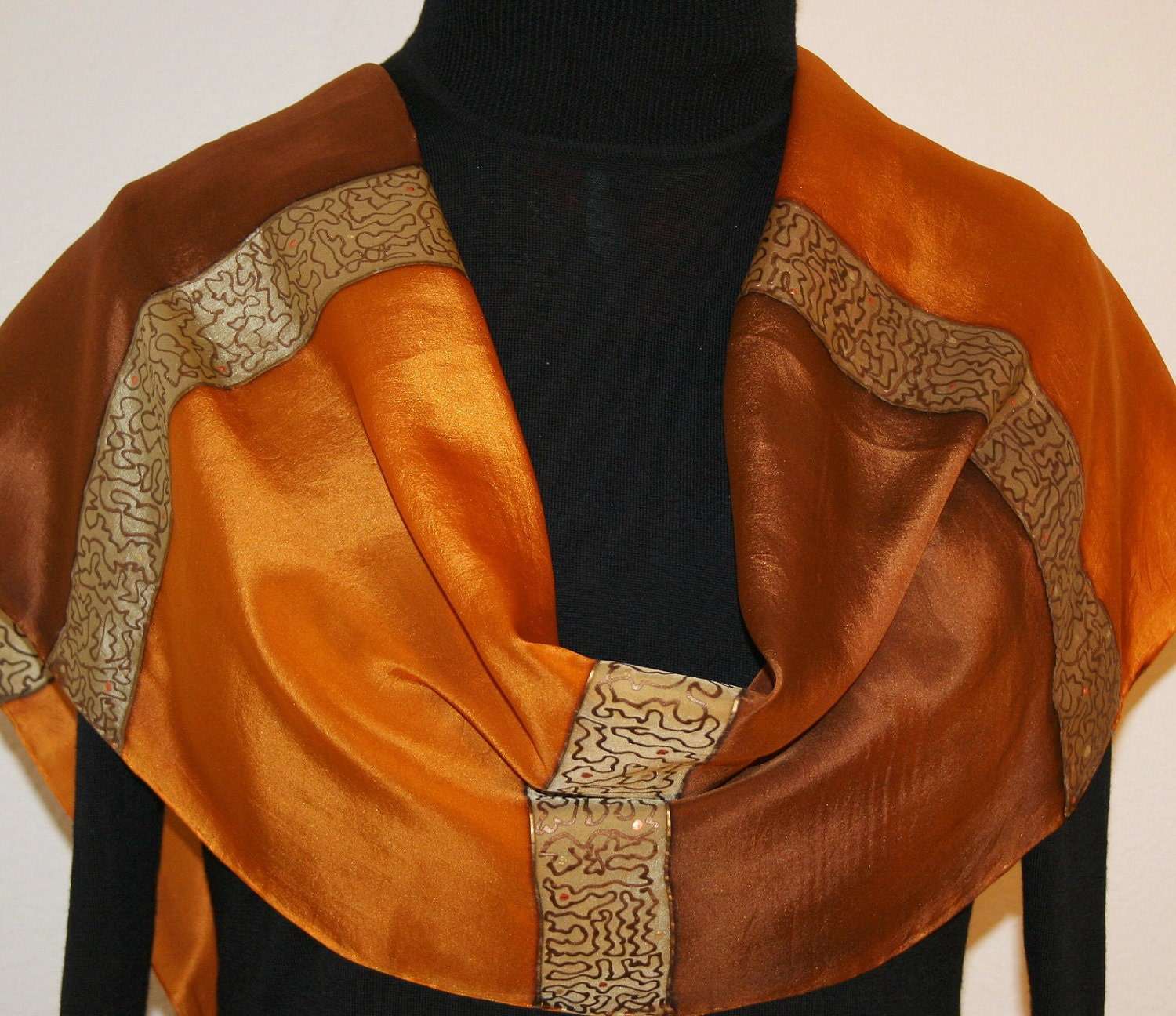Antique Gold Hand Painted Silk Scarf. Size 14x70. Silk Scarf in Golden Terracotta and Brown. Made in Colorado. 100% silk. MADE TO ORDER.