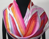 Hand Painted Silk Scarf Strawberry Delight. Silk Scarf in Pink, Crimson and Orange. Size 11x60. Made in Colorado. 100% silk. MADE TO ORDER.