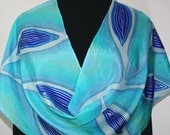 Blue Hand Painted Silk Scarf. Lake Leaves Silk Scarf in Turquoise and Royal Blue. Size 14x70. Made in Colorado. 100% silk. MADE TO ORDER.