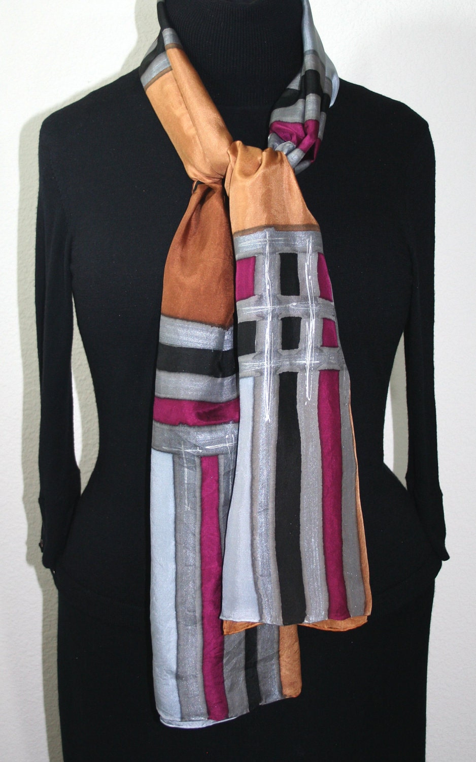 Hand Painted Silk Shawl. Brown & Gray Silk Wrap. Silver Elegance Silk Scarf. Silk Scarves Colorado. Extra-LARGE 21x70 in.MADE to ORDER scarf