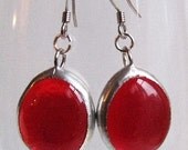 Stained Glass Earrings, Blood Red, Drop Earrings, Oval Shaped Dangles, Sterling Silver, Ruby Red, Cherry Red, Handmade Jewelry