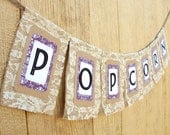POPCORN Burlap Wedding Banner with Lace, Custom Colors Available