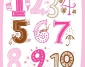 Illustrated Numbers Wall Art Print Count to 10 Pink Brown