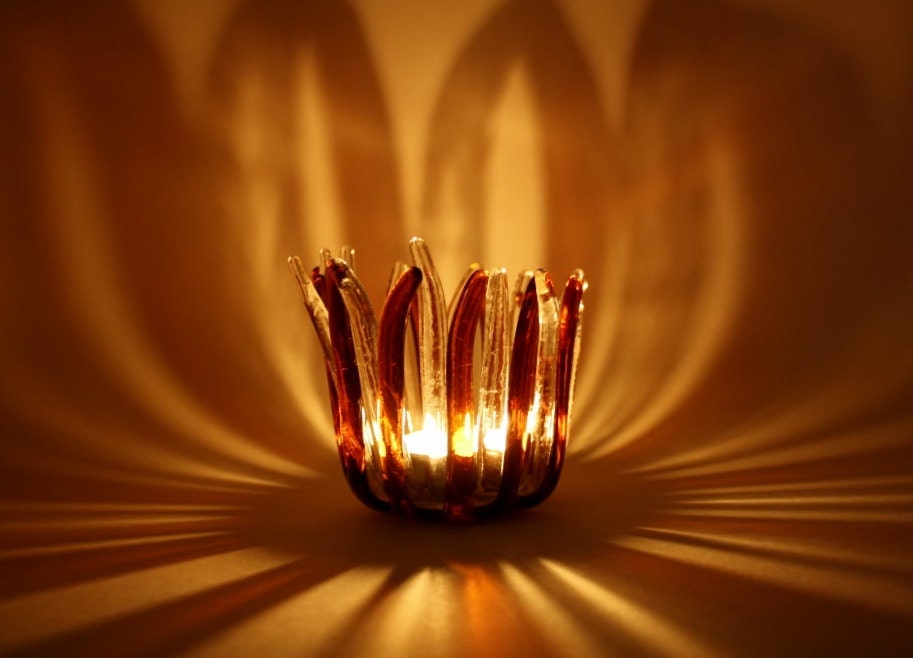 Tea Light Candle Holder Fused Glass Amber