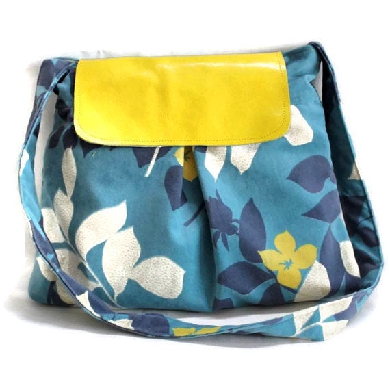 Messenger Bag Shoulder Purse Crossbody Floral Print  Deep Teal Yellow Leather Flap