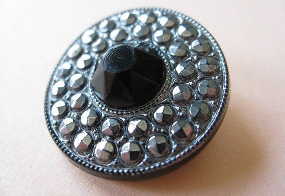 Vintage Button Black Glass Silver Luster Button