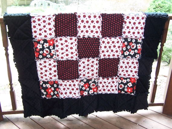 Crib Size Rag Quilt Ladybugs in Black, White, and Red with Minky, Handmade in NJ