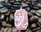 Small Letter Pendant & Cord Necklace - Kiln-Fired Stoneware Clay - "R" - Claret Glaze