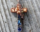 Coyote Collection Cross Pendant Necklace with Copper Chain and Beads - Kiln-Fired Stoneware Clay