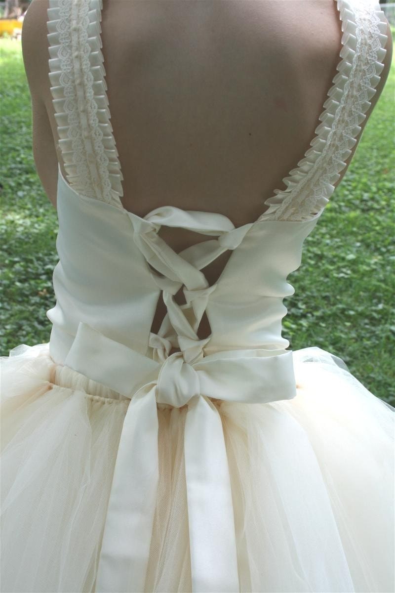 Ivory Flower Girl Tutu Dress w the Original Detachable Train------Many Colors-----Perfect for Weddings---Creme Brulee
