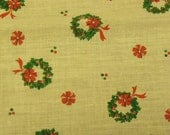 Cotton Fabric, 1 yard, Vintage 1980's, Christmas Wreath Green Holly Leaves & Red Berries on Ecru, Quilt, Pillow, Decorations, Gift, Ornament