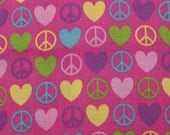 Cotton Fabric, 1 Yard, Peace and Love Symbols, Hot Pink, Quilting, Quilt, Pillow, Wallhanging, Heart, Gift