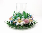 Lily Beaded Flower Candle Ring - French Beaded Flowers - Wire and Glass Table Centerpiece - Home Decor - f0140d